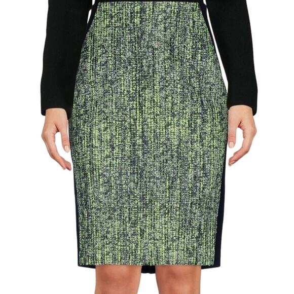 ELIE TAHARI Kelsa Wool Graphic Green Black Speckle‎ Tweed Pencil Skirt 6 New - Picture 1 of 16
